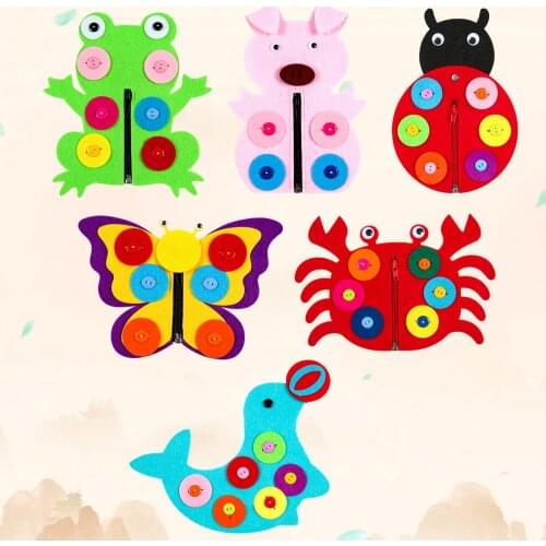Kids Montessori Cartoon Animal Weave Cloth DIY Learn to Dress Zipper Button Color Cognitive Matching Game Basic Living Skill Toy