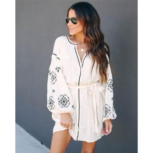 DUISNENA long boho white dress cotton linen floral Embroidery women dresses casual belt robe vintage vestidos