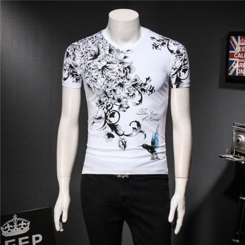 Chinese style hummingbird flower pattern printing short sleeve t shirt Summer 2018 high-quality cotton fashion t shirt men M-4XL