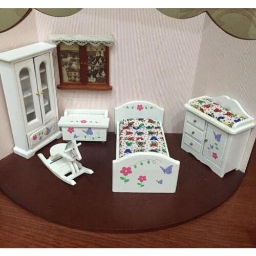 Doub K 1:12 Dollhouse Furniture toy white Miniature bed cabinet bedroom sets pretend play toys for children dolls girls gifts