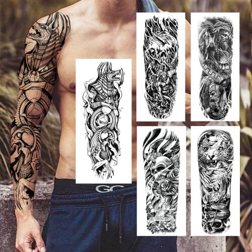 Indian Greek Myth God Wolf Eagle Temporary Tattoo Sleeve For Men Women Fake Ghost Tiger Tattoo Sticker Black Full Arm Tatoos
