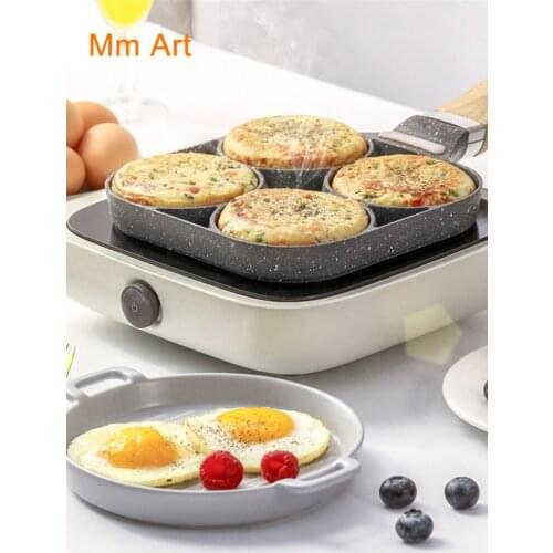 Four-hole Frying Pot Thickened Omelet Pan Black Non-stick Egg Steak Ham Pancake Wooden Handle Kitchen Cooking Breakfast Maker