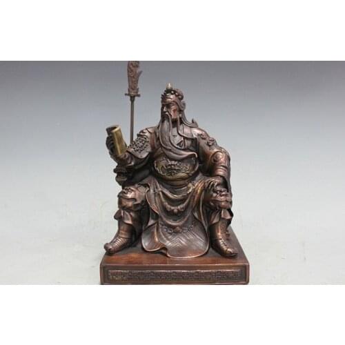 China Red Bronze Sit Dragon Guan Gong Read Art of War book warrior God Statue