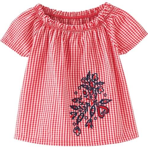 Little Maven New Summer Kids Clothing Short O-neck Red Floral Embroidery Woven Plaid Cotton Girls Sweet Blouses Tshirt Tee