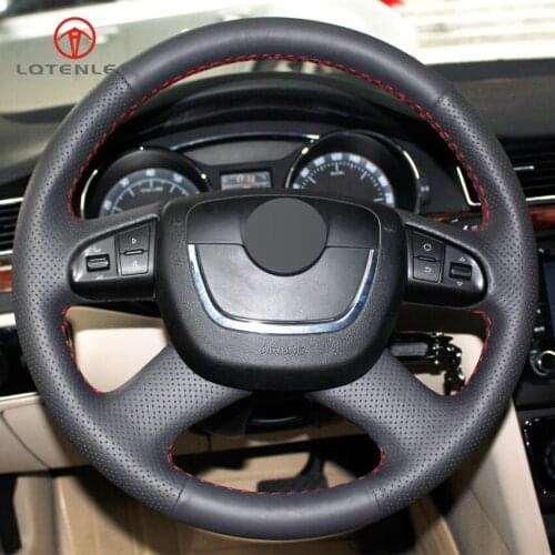 LQTENLEO Black Genuine Leather Car Steering Wheel Cover for Skoda Octavia Yeti Superb 2008-2013 Citigo Roomster Fabia 2009-2012