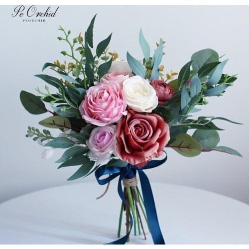 PEORCHID Cheap Pink Bridesmaid Bouquet Rose Artificial Wedding Bouquets Bride Hand Holding Flowers Ramos De flores Decoracion