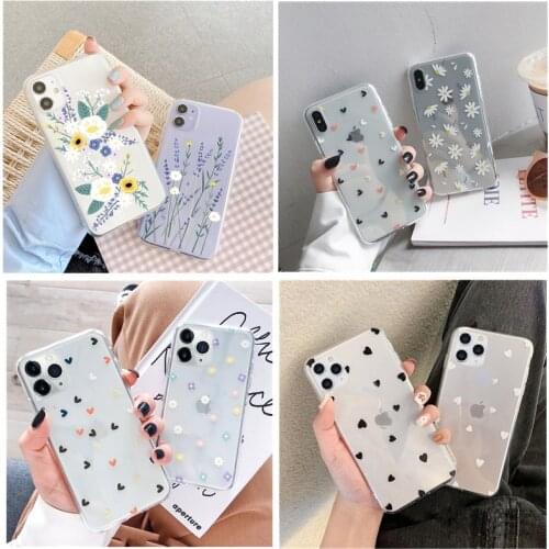 Clear Flower Phone Case For iPhone 12 Mini 11 Pro Max XR XS Max 7 8 Plus X SE 2020 Soft TPU Cute Love Heart Back Cover Coque