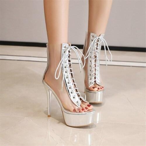 PXELENA Design Rome Gladiatore Sexy Transparent Open Toe Thin High Heels Platform Nightclub Ankle Boots Sandals Shoes Woman New