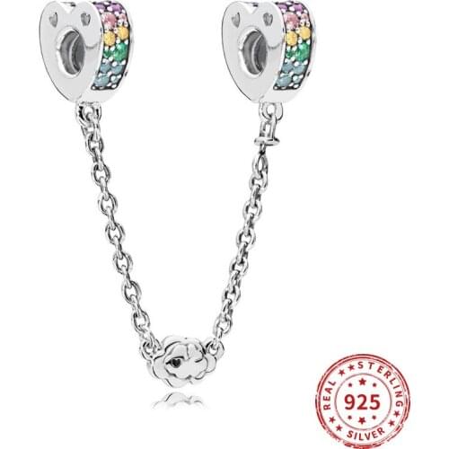 Real 925 sterling silver Beads Sparkling Pave Colourful Safety Chain Suitable fit Original Pandora Bracelet Jewelry 2021