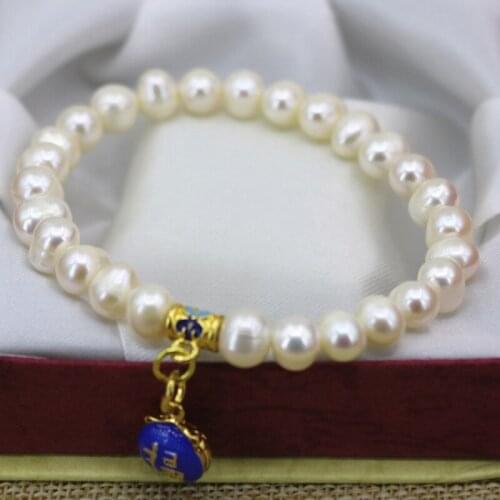 Charms Women Bracelet & Bangle 7-8mm Natural White Freshwater Cultured Pearl Beads Rope Bracelet Cloisonne Jewelry 7.5inch B3140