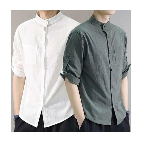 Chinese Linen Tang Suit Top for Men Casual Summer Folded Short Sleeves Stand Collar Solid Color Shirt Retro Traditional Clothing