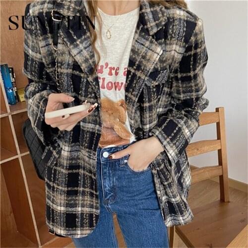 Sungtin Split Notched Vintage Plaid Korean Fashion Woolen Blazer Women 2021 Casual Retro Female Suit Plaid Jacket Woolen Chic