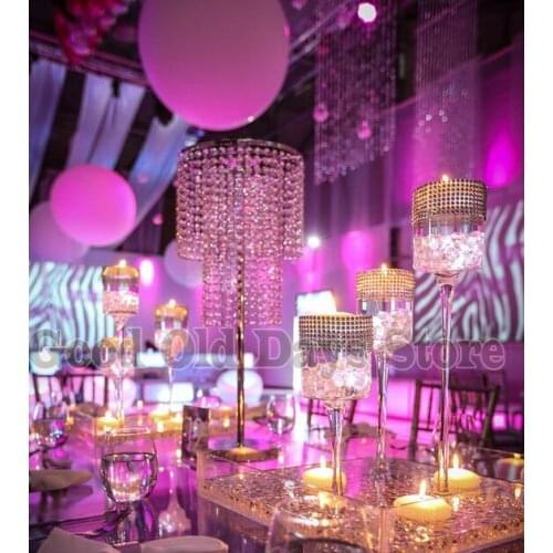 80cm Tall Crystal table centerpiece with beads strands Gold Flower Stand Wedding decoration 10pcs/lot