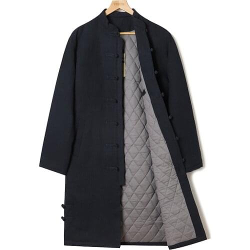 High Quality Hanfu Chinese Style Tang Suit Linen Thick Cotton Coat Winter Chinos Clothes Men Long Black Navy China Jacket Tops