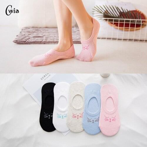 Lady Cotton Solid Color Socks Cat Face Woman boat Socks Sleep Cathead Invisible Silica gel slipper 1pair=2pcs ws119