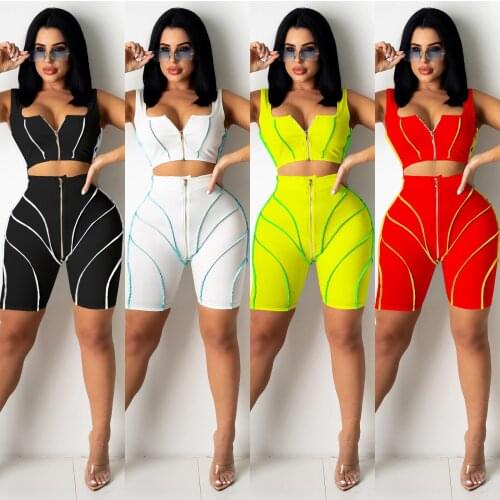 Colorful Striped Patchwork Two Piece Set Woman Zipper Sleeveless U Neck Crop Top And Biker Knee-Length Pants Casual Tracksuit