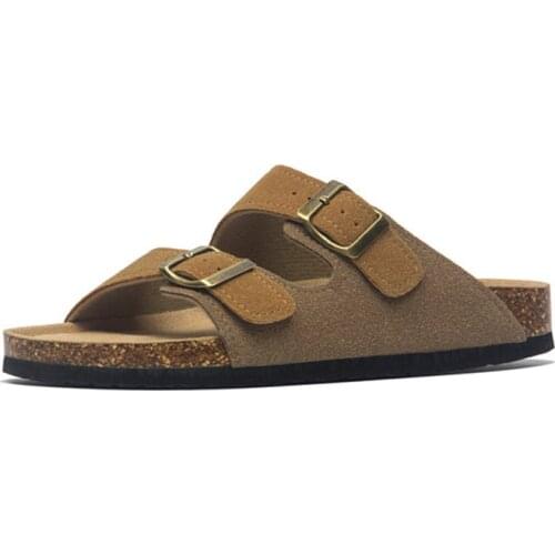 2021 New Summer Mens Cork Slippers Suede Leather Mule Clogs Slippers Man Soft Cork Two Buckle Beach Slides Footwear For Men 45