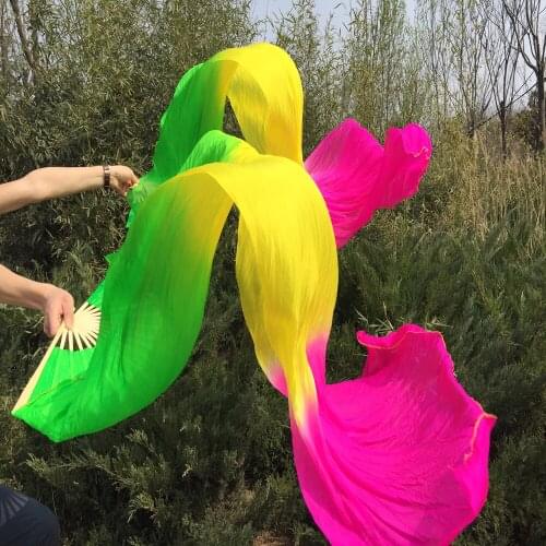 71" inch New 1pair (L+R) real silk belly dancing Fans Veil Green/Yellow/Fuchsia (1.8meter) profession silk dancing fan veils
