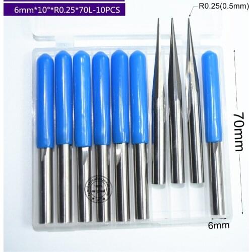6mm*R0.25*70L,10pcs,Free shipping Taper Ball nose End Mill,CNC milling Cutter,Solid carbide tool,woodworking router bit