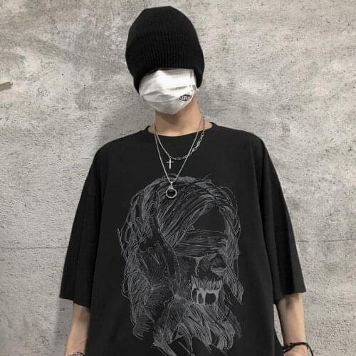 Korea ins retro dark linear avatar printing casual wild round neck loose short sleeve T-shirt men and women tide