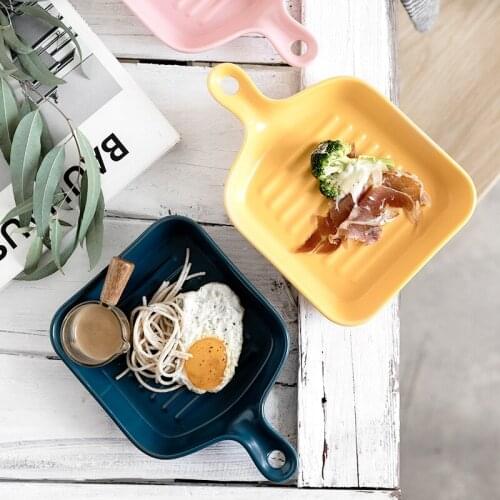 Creative Simple Solid Color Internet Celebrity Oven Baking Tray Ceramic Household Western Food Ins Tableware with Handle Plate