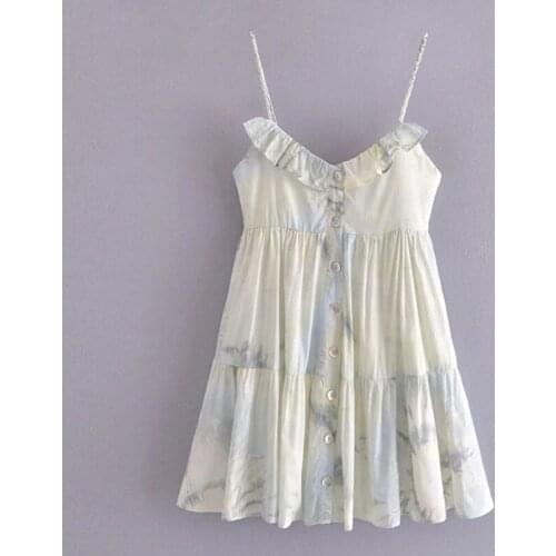 Summer Spaghetti Strap Beach Mini Dress Women Tie Dye Print Ruffles Chic Dresses Sleeveless A Line Buttons Sundress