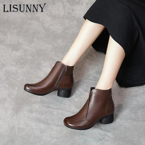 LISUNNY Handmade Genuine Leather Women Ankle Boots Vintage High Heels Chelsea Boots Winter Side Zipper Thick Heel Shoes Woman