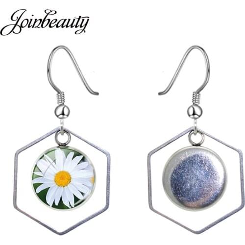 JOINBEAUTY Chaste Daisy White Flower Fashion Picture Polygon Drop Earrings Handmade Hollow Out Pendant Earrings Souvenir KT413