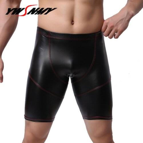 Men Long Boxer Underwear PU Faux Leather Panties Long leg Man Boxer Shorts Sexy Gay Erotic lingerie Skinny patent leather shorts