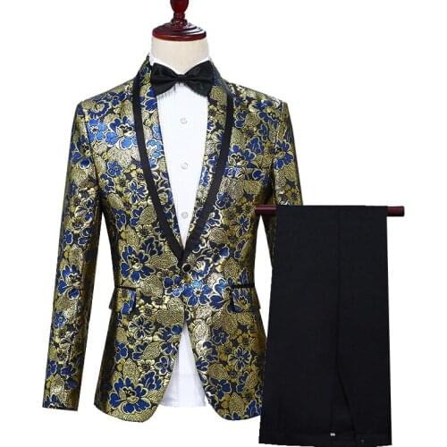 Mens Dress Stage Print Single Breasted Casual Two-piece Suit Coat Pants Mens Suits Single Breasted Skinny Regular Men Clothes