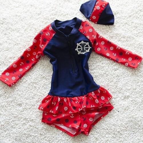 New 2016 Girls Swimsuit Long Sleeve Bathing Suits+Hats Children Girls Swimwear Kids Girls Beachwear Sports Swimsuits K53-CGR1