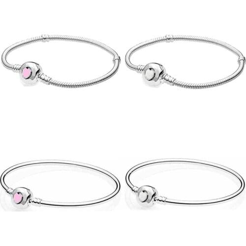 Original Pink Wonderful Love Heart Clasp Snake Chain Bracelet Bangle Fit Pandora Bangle 925 Sterling Silver Charm Jewelry