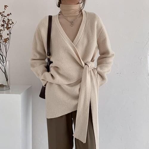 Autumn Woman Sweaters Oversized Loose Casual Cardigans Sweaters for Women Winter Clothes Bow Tie Sashes Vintage Knitted Sweater