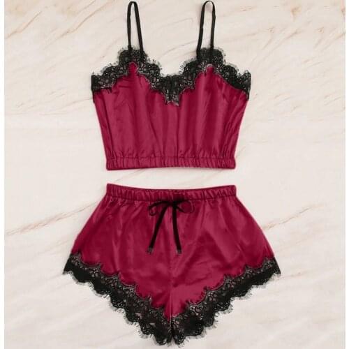 Pyjamas Women Sleepwear V-neck Sleeveless Strap Nightwear Lace Trim Satin Cami Top Pajama Sets Femme Lingerie Pyjamas Feminino