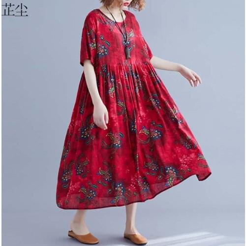 Big Size Art Vintage Ethnic Print Women Dress Plus Size Cotton Linen Summer Sundress Robe Femme Loose Short Sleeve Maxi Dresses