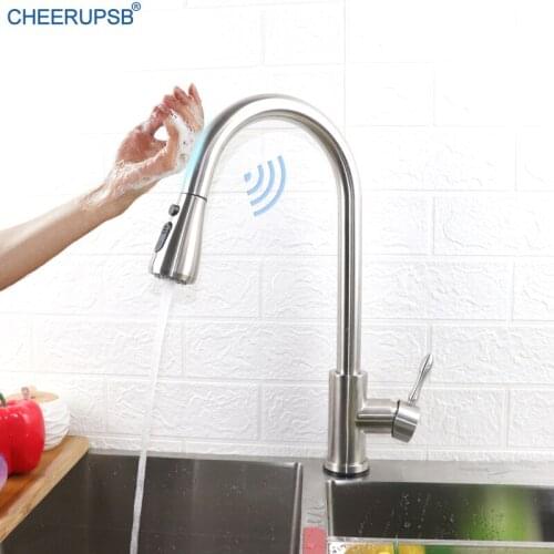 Smart Kitchen Sink Touch Faucet Brushed Nickel Automatic Sense Crane Hot Cold Water Mixer Tap Pull Out Touch Control Taps Grifos