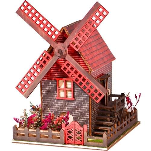 DIY Windmill Cottage Wooden Doll House Kit Miniature with Furniture Light Dollhouse Roombox Assembled Toys for Adults Gifts
