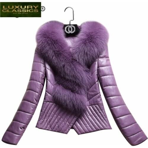 Fox Fur Collar Natural Genuine Leather Jacket Women Winter White Duck Down Jacket Real Sheepskin Coat Female Outwear 523
