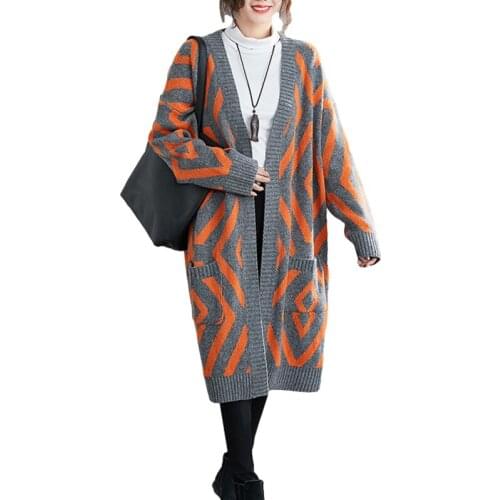 Autumn Trend Cardigan Sweater Coat Women Loose Large Size Pocket Stitching 2021 New Fashion Striped Knitted Clothes Loose Casual