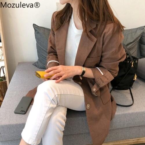 Mozuleva Women Cotton and Linen Suit Blazers 2021 Summer Casual Loose One Button Notched Vintage Pockets Blasic Jacket Tops