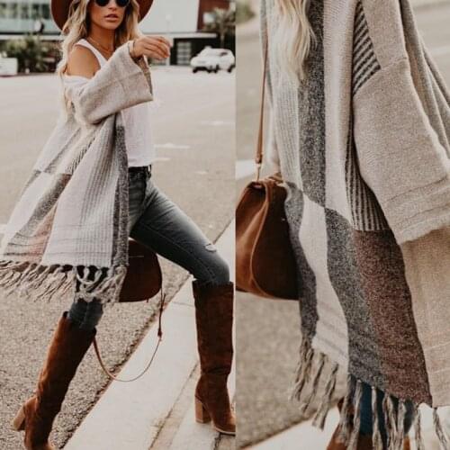 2021 Autumn and Winter New Loose Casual Womens Fashion Street Striped Cardigan Sweater Coat Tassel V-Neck Acrylic Shawl Female