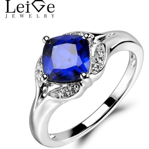 Leige Jewelry Sapphire Ring Wedding Engagement Sterling Silver 925 Rings for Her Blue Gemstone Fine Jewelry Cushion Cut
