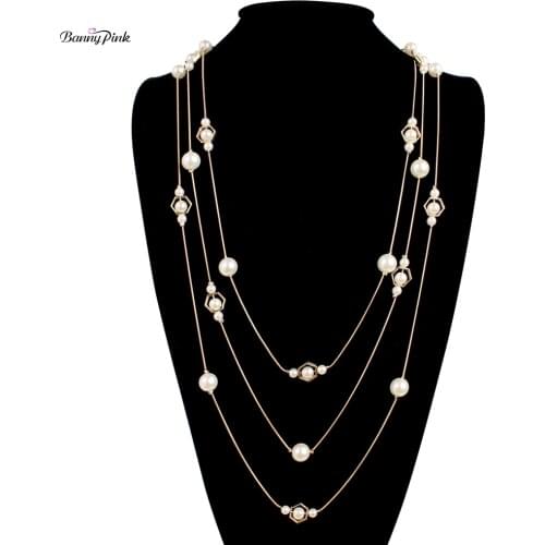 Banny Pink Elegant Metal Multi Chains Necklace For Women Chunky Imitation Pearl Statement Long Necklace Fashion Jewelry Colliers