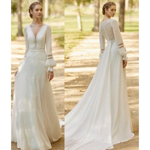 V-Neck Wedding Dresses Long Sleeve Lace Chiffon Sweep Train A-Line Sheer Back Bridal Dress Arabic Wedding Gowns vestido novia