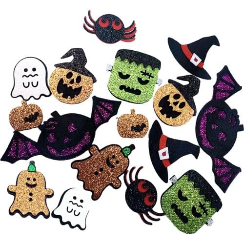 16x Halloween Applique Patches Clothes Clothing Embroidered Felt Decorative Patch for Bags Brooch Sewing Accessories Party Decor
