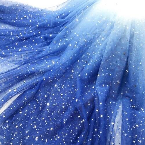 2 Yards Royal Blue Ombre Print Shiny stars Overlay Nylon Tulle lace Fabric For Evening Kids Dress DIY Sewing Gown Party Prom