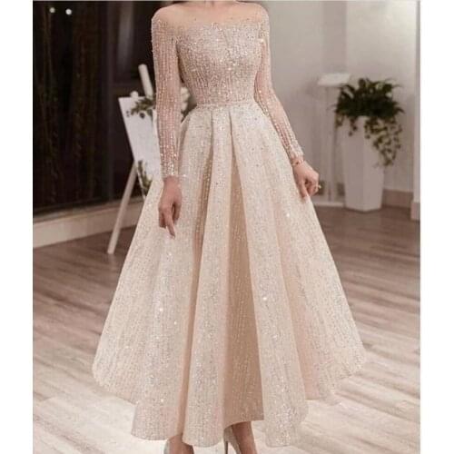 2021 Fashion Illusion O Neck Beaded Bling Bling Long Sleeve Ankle Length Champagne Prom Dresses