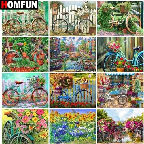 HOMFUN DIY Diamond Painting "Bicycle garden scenery" Full Drill Square Round Diamond Embroidery 5D Cross Stitch Decoration Home