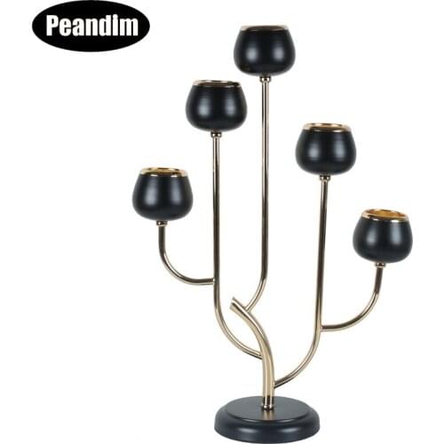 PEANDIM 5-arms Shiny Gold Plated Candle Holder Romantic Black Candelabra For Wedding Party Decor Luxury Craft Home Candle Stand