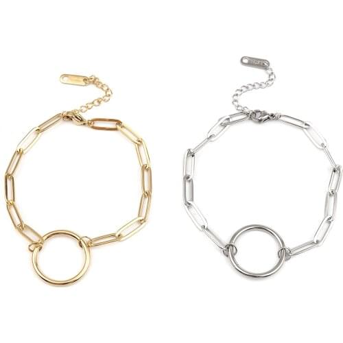 Stainless Steel Bracelets Gold Plated & Silver Color Oval Circle Ring Jewelry 18cm(7 1/8") long, 1 Piece